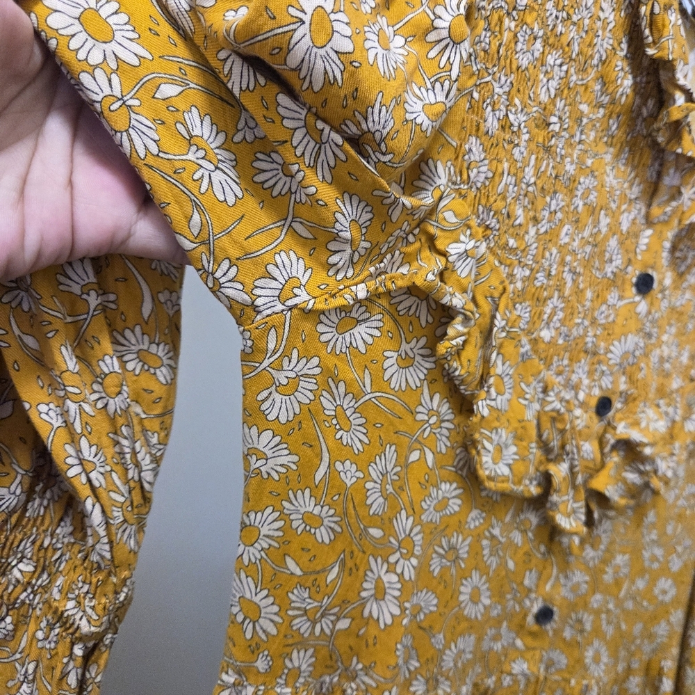 Zara Mustard Yellow Floral Ruffle Dress Boho Prairie Smocked Button Front - Picture 5 of 12